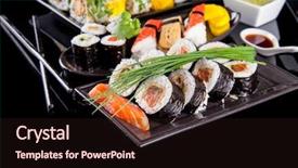  Presentation with hawker food many kind - Audience pleasing PPT theme consisting of helthy - various kind of sushi food backdrop and a wine colored foreground