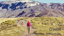 Presentation with volcanoes - Presentation theme featuring hemisphere - man in hike in volcanoes background and a coral colored foreground