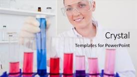  Presentation with lab test - Cool new slide deck with hemoglobin - beautiful red-haired female holding backdrop and a lemonade colored foreground