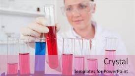  Presentation with lab test - Presentation design consisting of hemoglobin - beautiful red-haired woman holding background and a coral colored foreground
