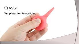  Presentation with red and white festive - Colorful slides enhanced with hemorrhoids - red enema in hand isolated backdrop and a white colored foreground