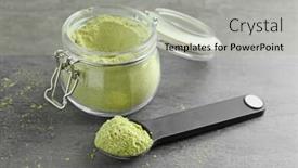  Presentation with hemp - Presentation theme featuring hemp protein powder in glass jar and measuring spoon on grey table background and a mint green colored foreground