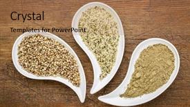  Presentation with hemp - PPT theme featuring hemp seeds hearts and protein powder in teardrop shaped bowls against grunge wood background and a coral colored foreground