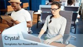  Presentation with network - PPT layouts with her african-american colleague making background and a light blue colored foreground