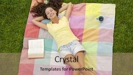  Presentation with relaxing - Slides having grass picnic - smiling young woman lying background and a gold colored foreground