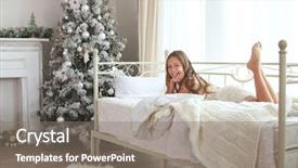  Presentation with child tree - Audience pleasing theme consisting of preteen child girl wake up on her bed near decorated christmas tree in beautiful hotel room in the holiday morning backdrop and a gray colored foreground