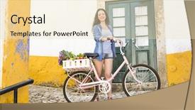  Presentation with tourist - Beautiful presentation theme featuring her bicycle after buying fresh backdrop and a lemonade colored foreground