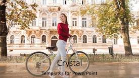  Presentation with bicycle - Presentation theme featuring her bicycle in the city background and a coral colored foreground