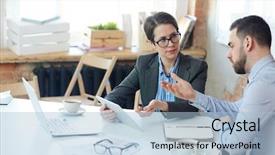  Presentation with data - Theme featuring her boss discussing online data background and a light blue colored foreground