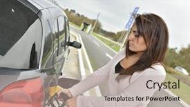  Presentation with gas station - Beautiful presentation theme featuring woman filling her car tank backdrop and a mint green colored foreground