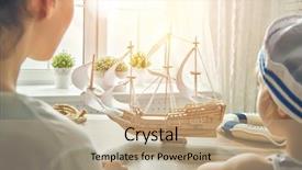  Presentation with mother child - Audience pleasing PPT theme consisting of her child making model ship backdrop and a coral colored foreground