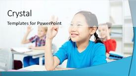 Presentation with classmates - Beautiful slide set featuring her classmates raising their hands backdrop and a cool aqua colored foreground