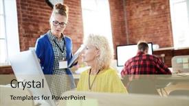  Presentation with data meeting - Colorful slide deck enhanced with her colleague at working meeting backdrop and a  colored foreground