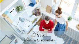  Presentation with creative - PPT theme featuring her colleague some working moments background and a light blue colored foreground