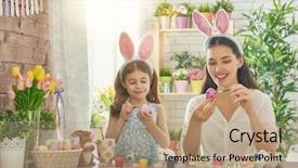  Presentation with displaying a happy mother cudd - Slide deck with her daughter painting easter eggs background and a coral colored foreground
