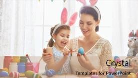  Presentation with displaying a happy mother cudd - Cool new PPT theme with her daughter painting easter eggs backdrop and a coral colored foreground