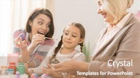  Presentation with young children playing - Audience pleasing presentation theme consisting of paintbrushes - playful young woman pointing backdrop and a coral colored foreground