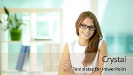  Presentation with secretary - Cool new slide set with her desk and smiling backdrop and a coral colored foreground