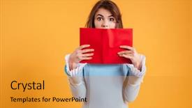  Presentation with customer service face of pretty - Slide deck consisting of her face with red book background and a gold colored foreground