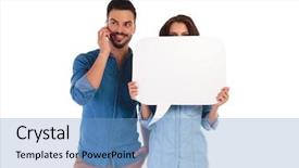  Presentation with emotions face speech - Colorful PPT theme enhanced with her face with speech bubble backdrop and a  colored foreground