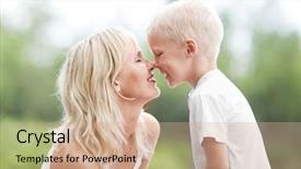  Presentation with displaying a happy mother cudd - Slide deck consisting of her five year old son background and a coral colored foreground