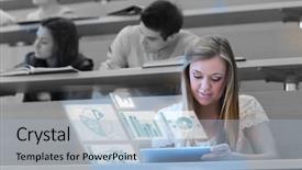  Presentation with lecture hall - Colorful presentation design enhanced with her futuristic tablet in lecture backdrop and a light blue colored foreground