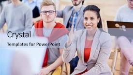  Presentation with speaker - PPT theme featuring her hand to ask question background and a  colored foreground