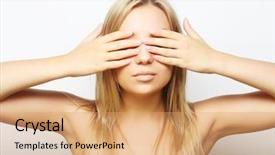  Presentation with teen girl - Beautiful PPT theme featuring her hands covering her eye backdrop and a coral colored foreground