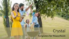  Presentation with family children - Presentation consisting of her happy family at bbq background and a yellow colored foreground