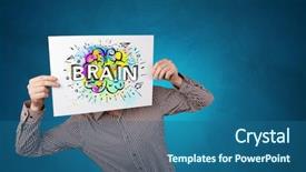  Presentation with older person holding pills - PPT theme enhanced with her head with colorful brain background and a ocean colored foreground