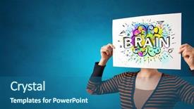  Presentation with older person holding pills - Amazing slide deck having her head with colorful brain backdrop and a ocean colored foreground