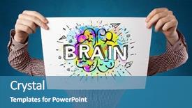  Presentation with older person holding pills - Presentation theme consisting of her head with colorful brain background and a teal colored foreground