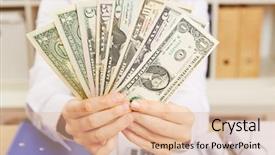  Presentation with business growth dollar - Amazing PPT theme having her office holding dollar bill backdrop and a lemonade colored foreground