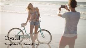  Presentation with man joined woman - Beautiful presentation design featuring her on shore at beach backdrop and a  colored foreground