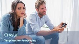  Presentation with video games playing - Beautiful presentation theme featuring her partner is playing video backdrop and a ocean colored foreground