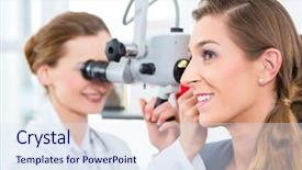  Presentation with ear nose throat - PPT theme featuring her practice examining the ear background and a sky blue colored foreground