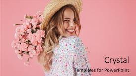  Presentation with close up of young girls - PPT theme with her shoulder isolated over pink background and a coral colored foreground