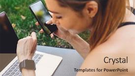  Presentation with fitness - Colorful slide set enhanced with her smart watch and mobile backdrop and a coral colored foreground