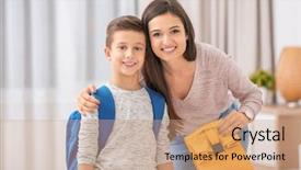  Presentation with young children at school - Slide set having her son off to school background and a  colored foreground