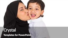  Presentation with muslim parenting - Colorful presentation theme enhanced with her son on white background backdrop and a black colored foreground