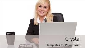  Presentation with laptop - Presentation with her spectacles on the table background and a  colored foreground