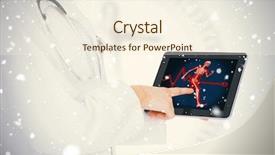  Presentation with falling snow - Presentation theme having skeleton sport - doctor showing her tablet background and a cream colored foreground