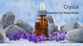  Presentation with lavender - Audience pleasing slide deck consisting of herb extract - bottle of lavender massage oil backdrop and a light blue colored foreground