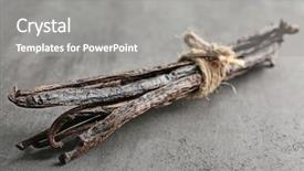  Presentation with vanilla - Slides with herb extract - dried vanilla sticks on grey background and a gray colored foreground