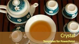  Presentation with cup of lemon tea - Slide deck enhanced with herb free herbal - tea pot and several cups background and a  colored foreground