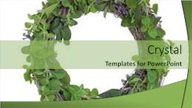  Presentation with oregano - Theme featuring herb leaf garland of oregano purple and variegated sage and lavender flower sprigs isolated over white background background and a yellow colored foreground