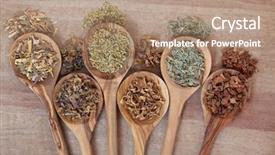  Presentation with lemon grass - Amazing presentation design having herb selection for alternative health remedies in olive wood spoons over papyrus background white willow irish moss yarrow orange blossom lemon grass and oak bark left to right backdrop and a coral colored foreground