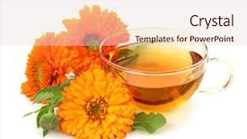  Presentation with calendula - Presentation design consisting of herbal calendula tea isolated on white background background and a lemonade colored foreground