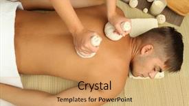  Presentation with man relaxing on massage table - Audience pleasing theme consisting of herbal compress - young man having back massage backdrop and a coral colored foreground