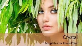  Presentation with herbal cosmetics - Presentation theme with herbal cosmetics - beauty girl with green leaves background and a coral colored foreground